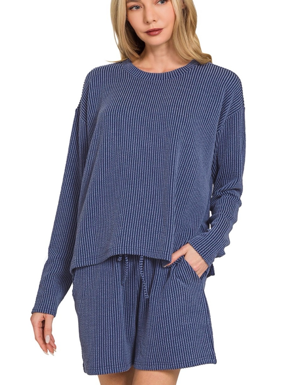 Zenana Outfitters Blue Ribbed Knit Lounge Two-Piece Set